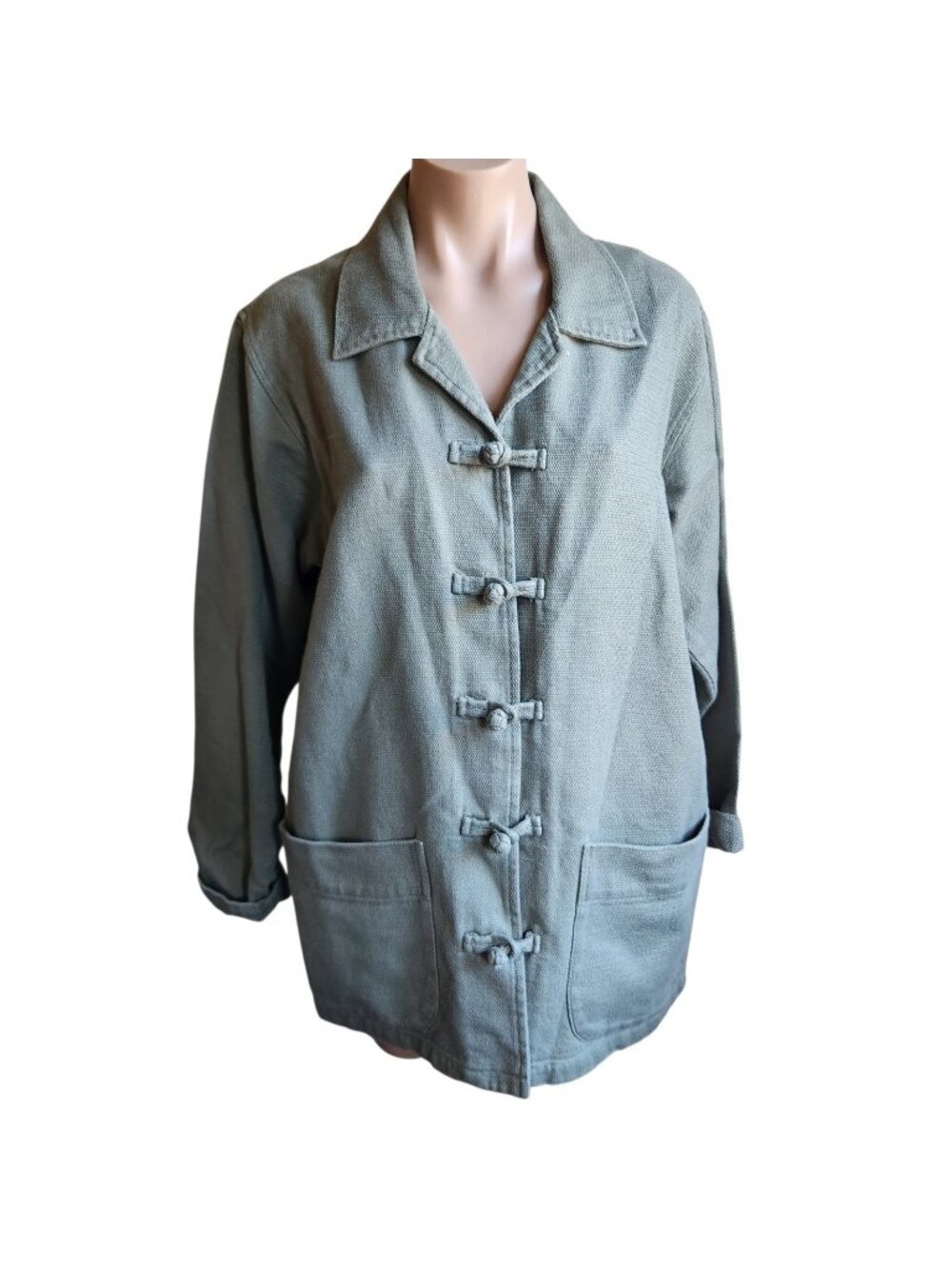 Vintage Chico's Design 100% Cotton Jacket Size 1 Sage Green Toggle Knot Closure